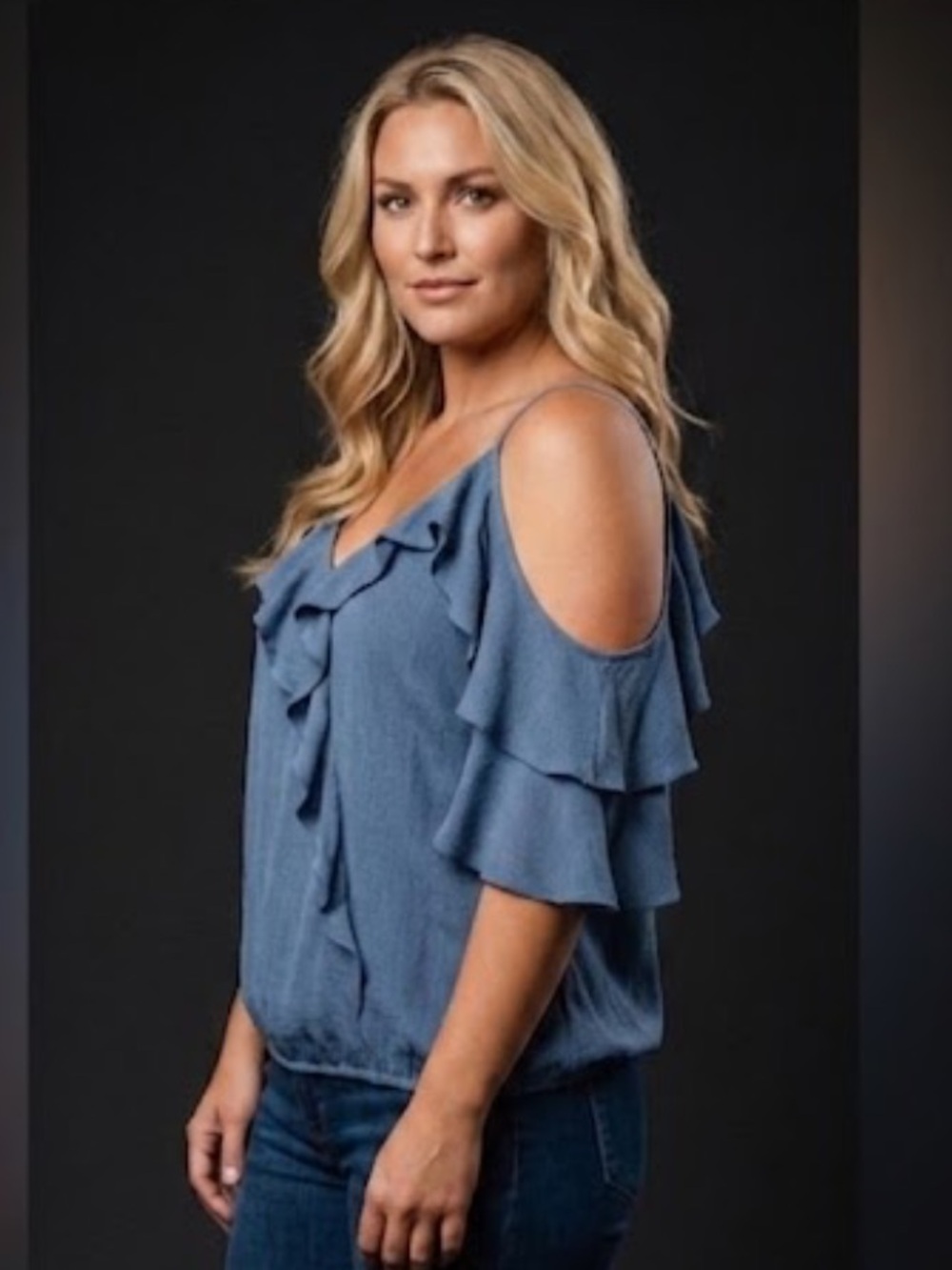 Moa Moa blue ruffle cold shoulder top Large